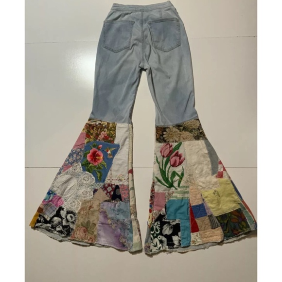Free People Reworked Up-cycled Bell Bottom Flare Denim Jeans Art to Wear. 28 - Picture 3 of 10